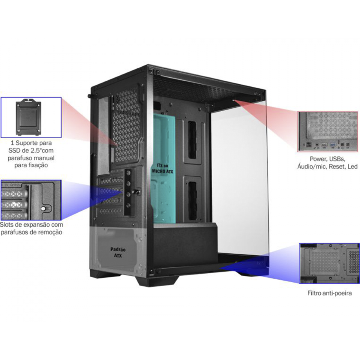 Gabinete Gamer K-MEX Poseidon CG-12H5, Mid Tower, Vidro Temperado, Micro-ATX, Black, Sem Fonte, Sem Fan, CG12H5RH0010B0X