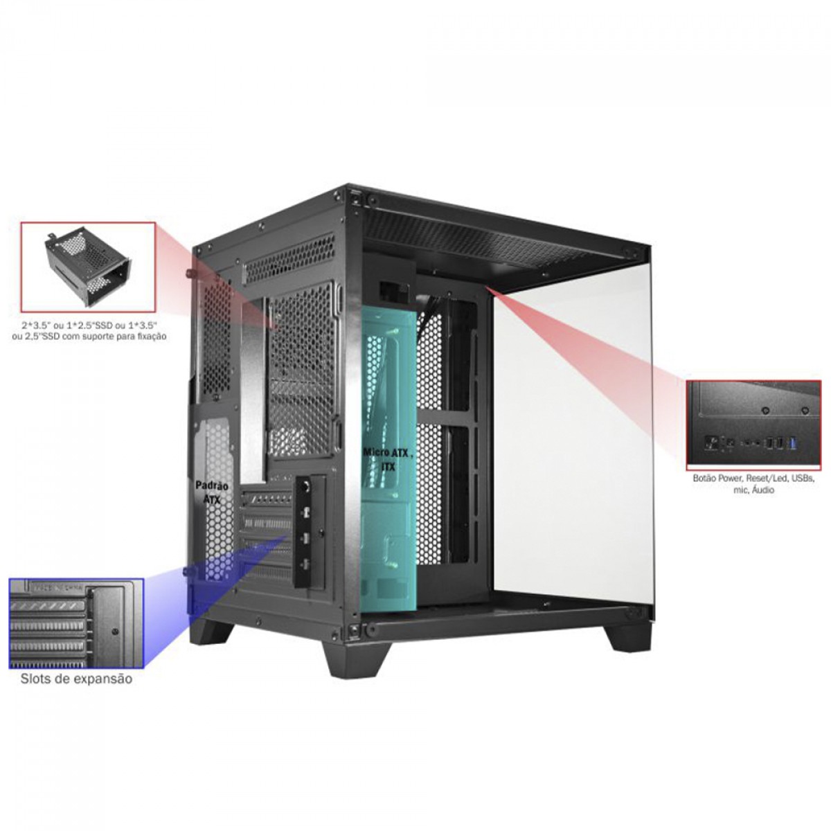 Gabinete Gamer K-MEX Space Aqua II, Black, Mini Tower, Vidro Temperado, M-ATX, Sem Fonte, Sem Fan, CGQN24RH001CB0X