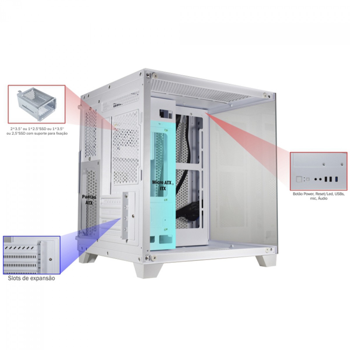 Gabinete Gamer K-MEX Space Aqua II, White, Mini Tower, Vidro Temperado, M-ATX, Sem Fonte, Sem Fan, CGWN24RH002CB0X