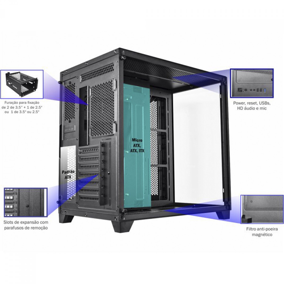 Gabinete Gamer K-MEX Space ATX, Mid Tower, Vidro Temperado, ATX, Black, Sem Fonte, Sem Fan, CGP2R4RH001CB0X