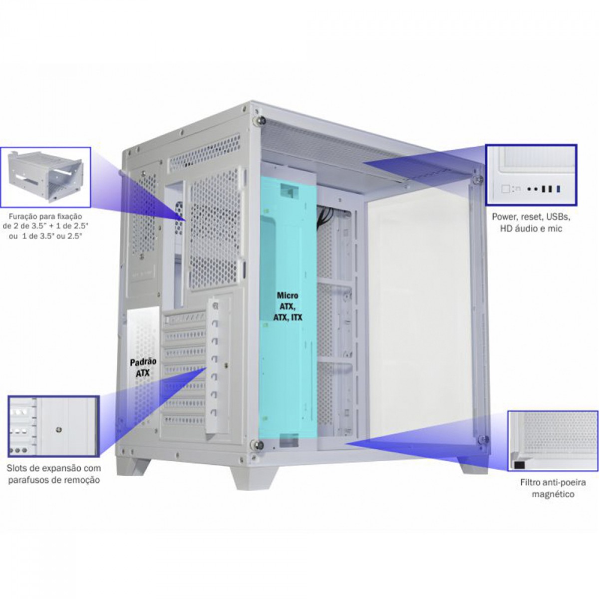 Gabinete Gamer K-MEX Space ATX, Mid Tower, Vidro Temperado, ATX, White, Sem Fonte, Sem Fan, CGW2R4RH002CB0X