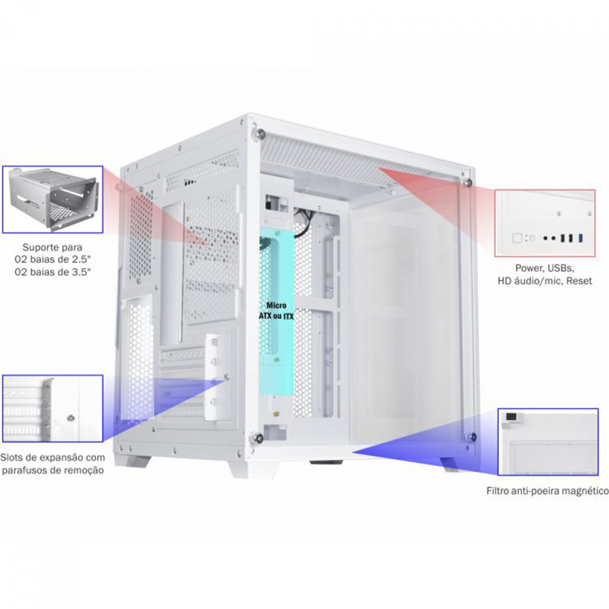 Gabinete Gamer K-MEX Space Y, Mini Tower, Vidro Temperado, M-ATX, White, Sem Fonte, Sem Fan, CGW13ARH001CB0X