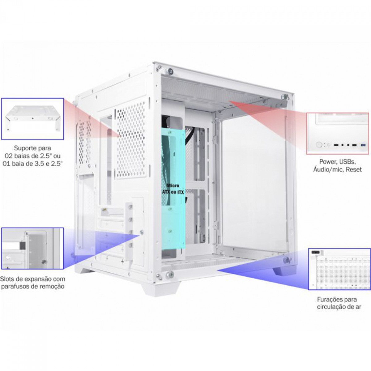 Gabinete Gamer K-MEX Space Z, White, Mini Tower, Vidro Temperado, M-ATX, Sem Fonte, Sem Fan, CGW1ADRH001CB0X