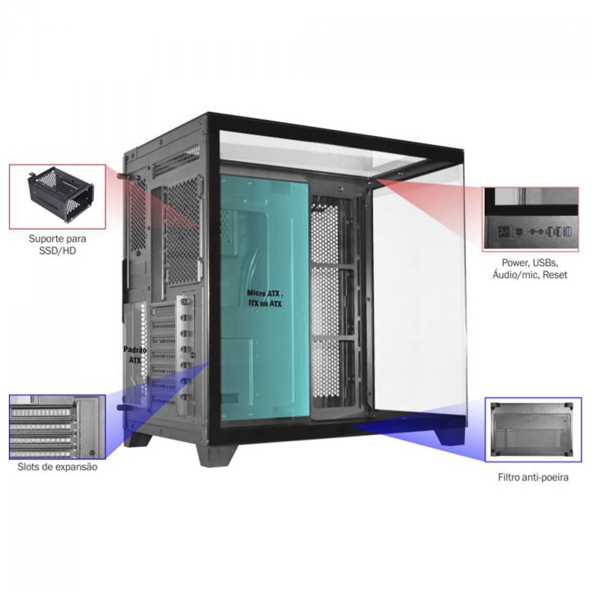 Gabinete Gamer K-MEX Tiger Shark, Aquario, Mid Tower, Vidro Temperado, ATX, Black, Sem Fonte, Sem Fan, CG04J1RH001CB0X