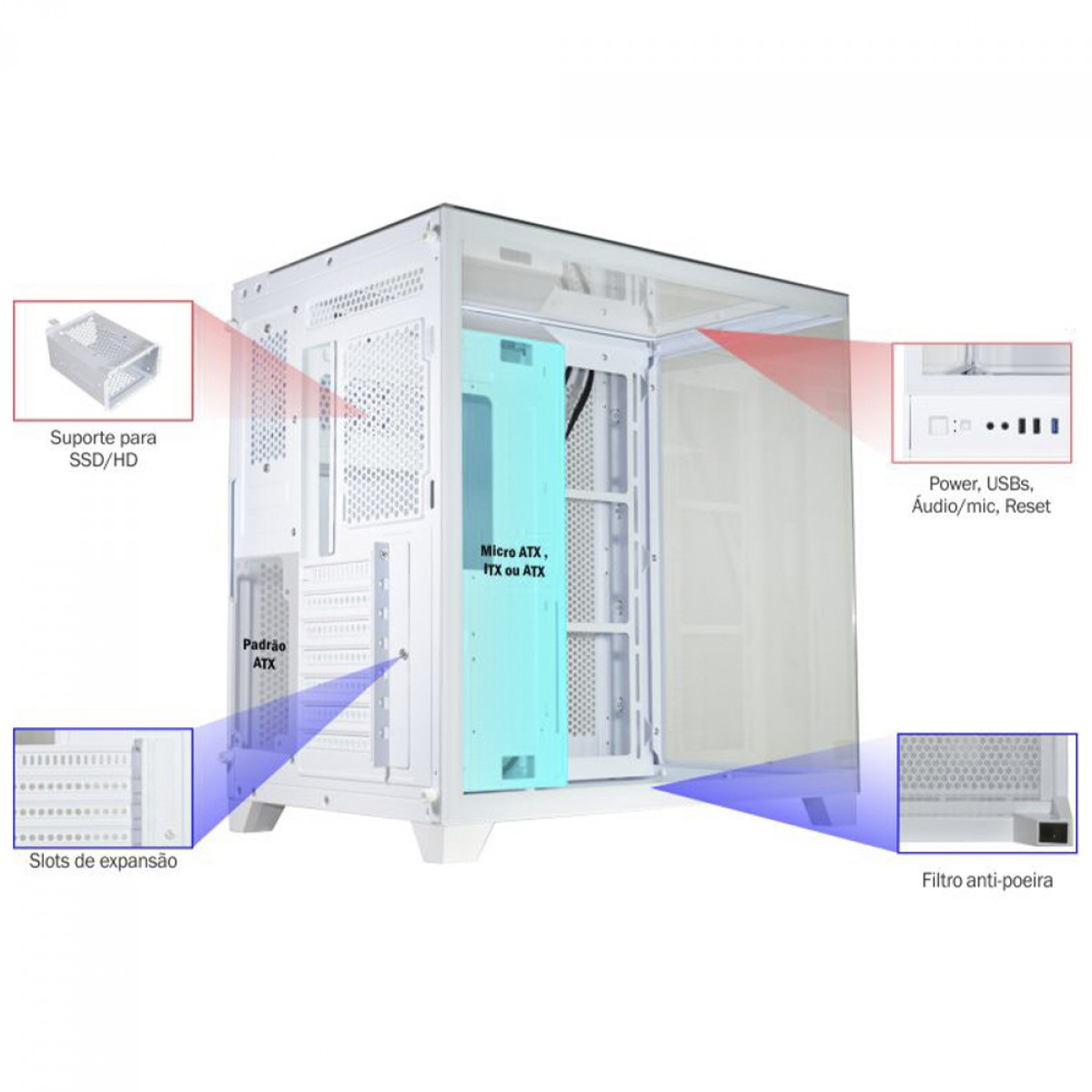 Gabinete Gamer K-MEX Tiger Shark, Aquario, Mid Tower, Vidro Temperado, ATX, White, Sem Fonte, Sem Fan, CGW4J1RH002CB0X