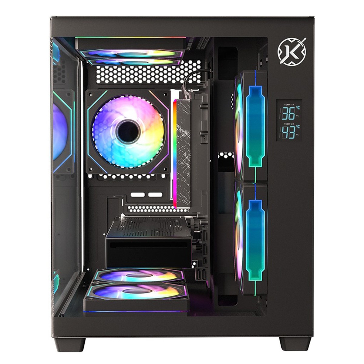 Gabinete Gamer Kalkan Midgard Digital, Mid Tower, Vidro Temperado, Micro ATX, Display LCD, Sem Fonte, Sem Fans, Preto, KLK085