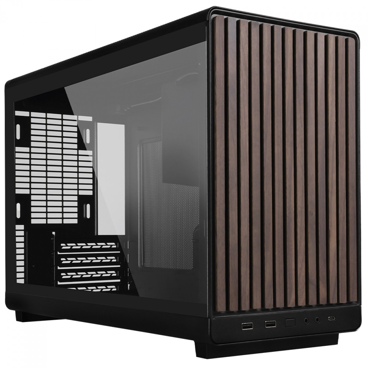 Gabinete Gamer Lian Li 011 A3-mATX Wood Black, Mini Tower, Vidro Temperado, M-ATX, Sem Fonte, Sem Fan, Preto