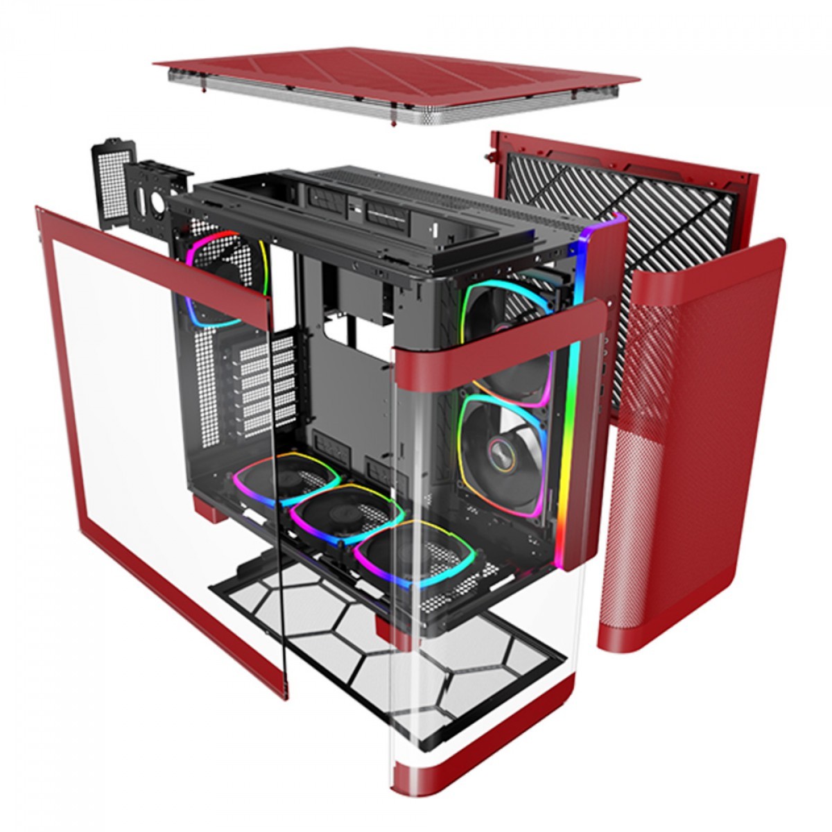Gabinete Gamer Montech King 95 Pro, ARGB, Mid Tower, Vidro Temperado, ATX, Red, Sem Fonte, Com 6 Fans + Suporte Montech VH2