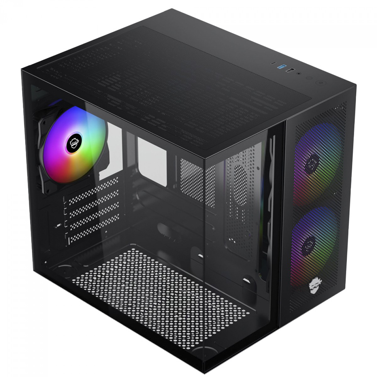 Gabinete Gamer Ninja Kazan X3, Mini Tower, Vidro Temperado, M-ATX, USB-C, Sem Fonte, Com 3 Fans, Preto, GN-CS-KZMAB3F
