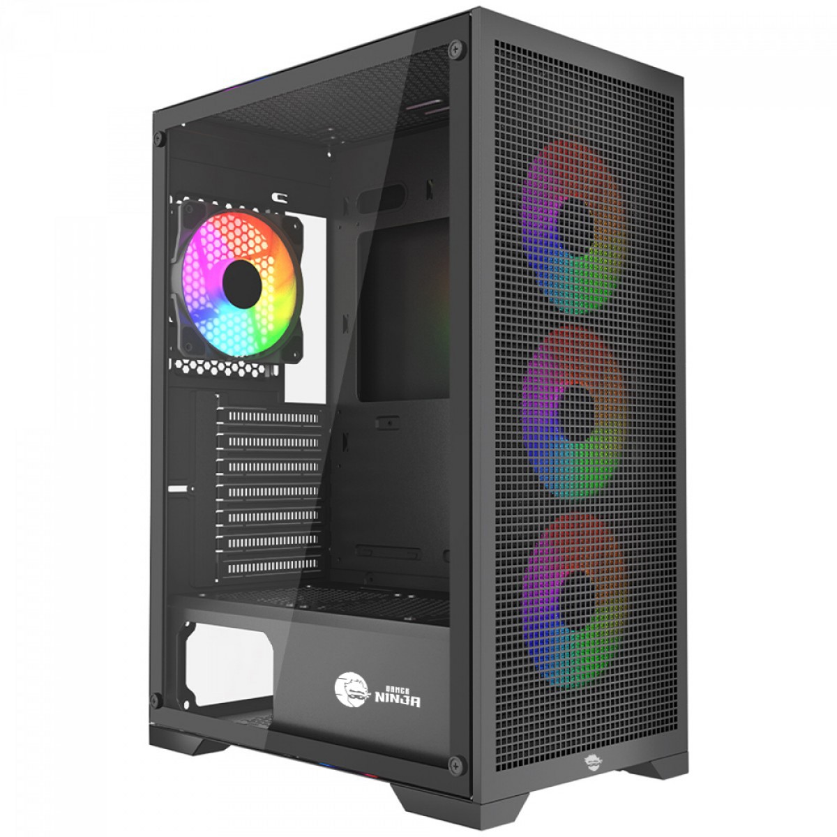 Gabinete Gamer Ninja Kurama, Mid Tower, Vidro Temperado, ATX, Sem Fonte, Com 4 Fans Rainbow, Preto, GN-CS-KRMTB4F