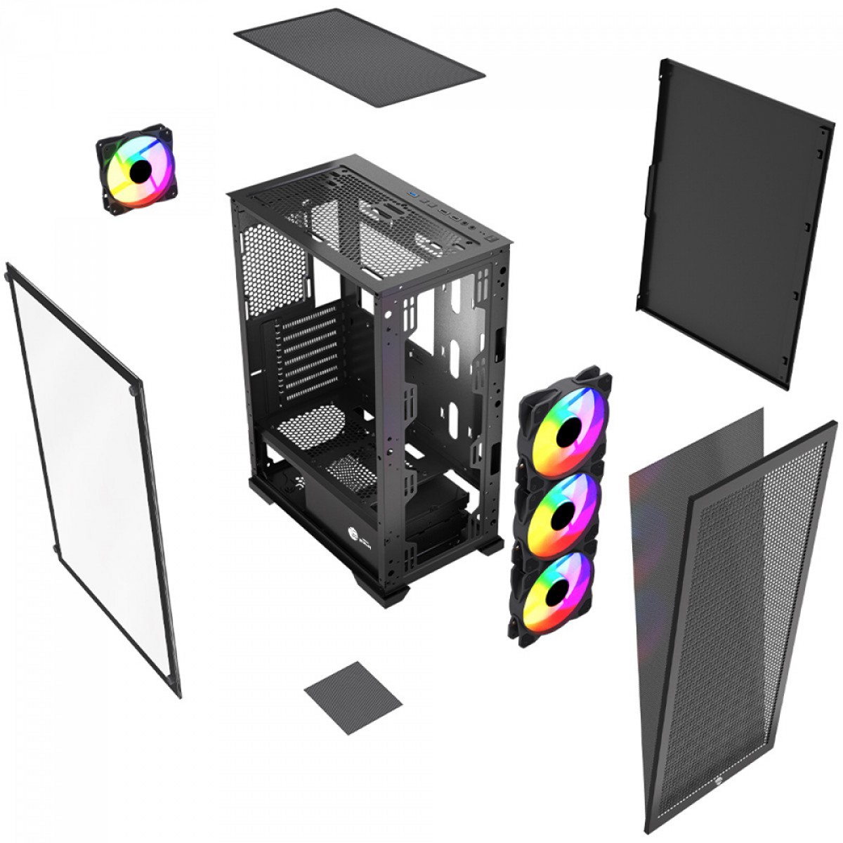 Gabinete Gamer Ninja Kurama, Mid Tower, Vidro Temperado, ATX, Sem Fonte, Com 4 Fans Rainbow, Preto, GN-CS-KRMTB4F