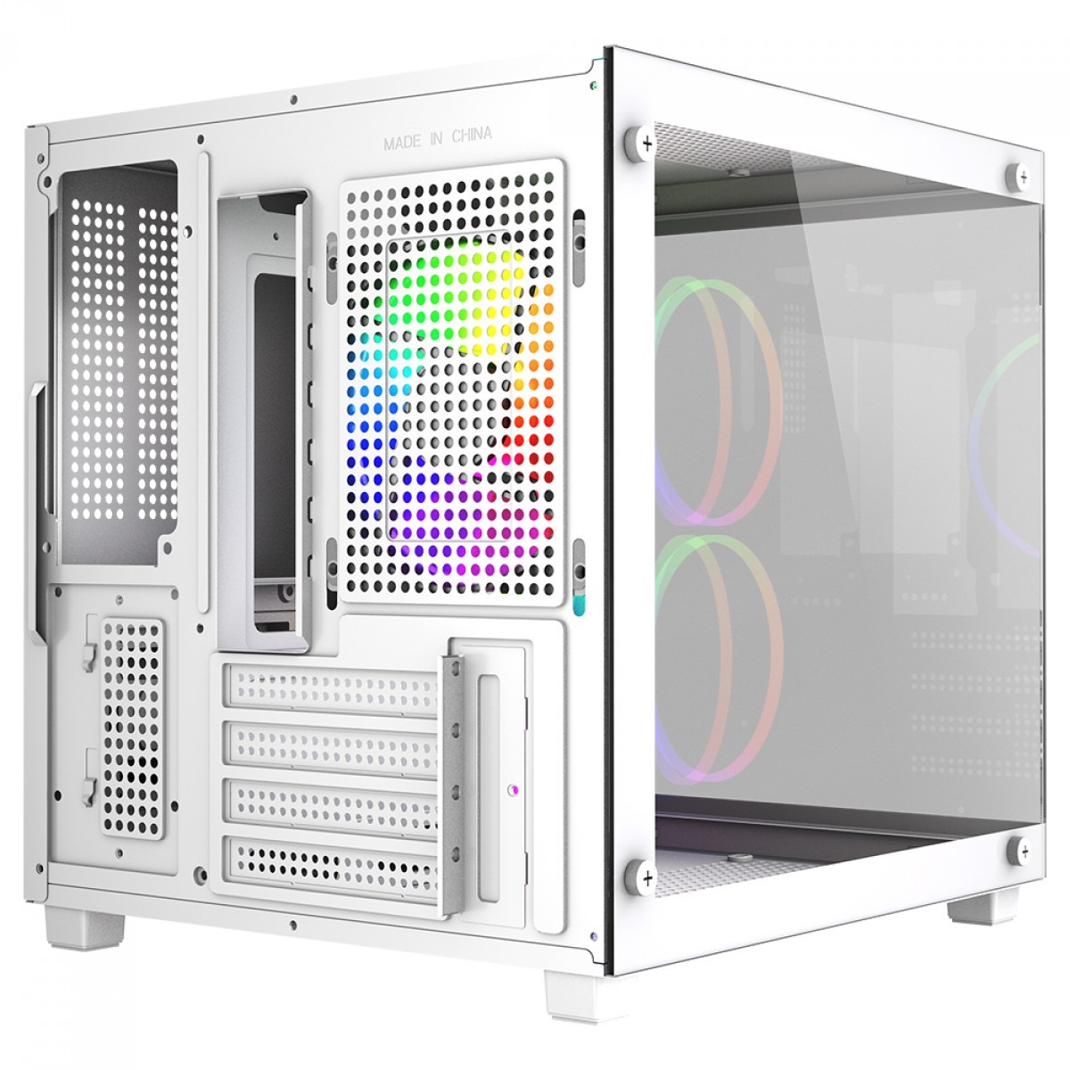Gabinete Gamer Ninja Ryomaru, Mini Tower, Vidro Temperado, mATX, Com 3 Fans Rainbow, Sem Fonte, Branco, GN-CS-RMMAW3F