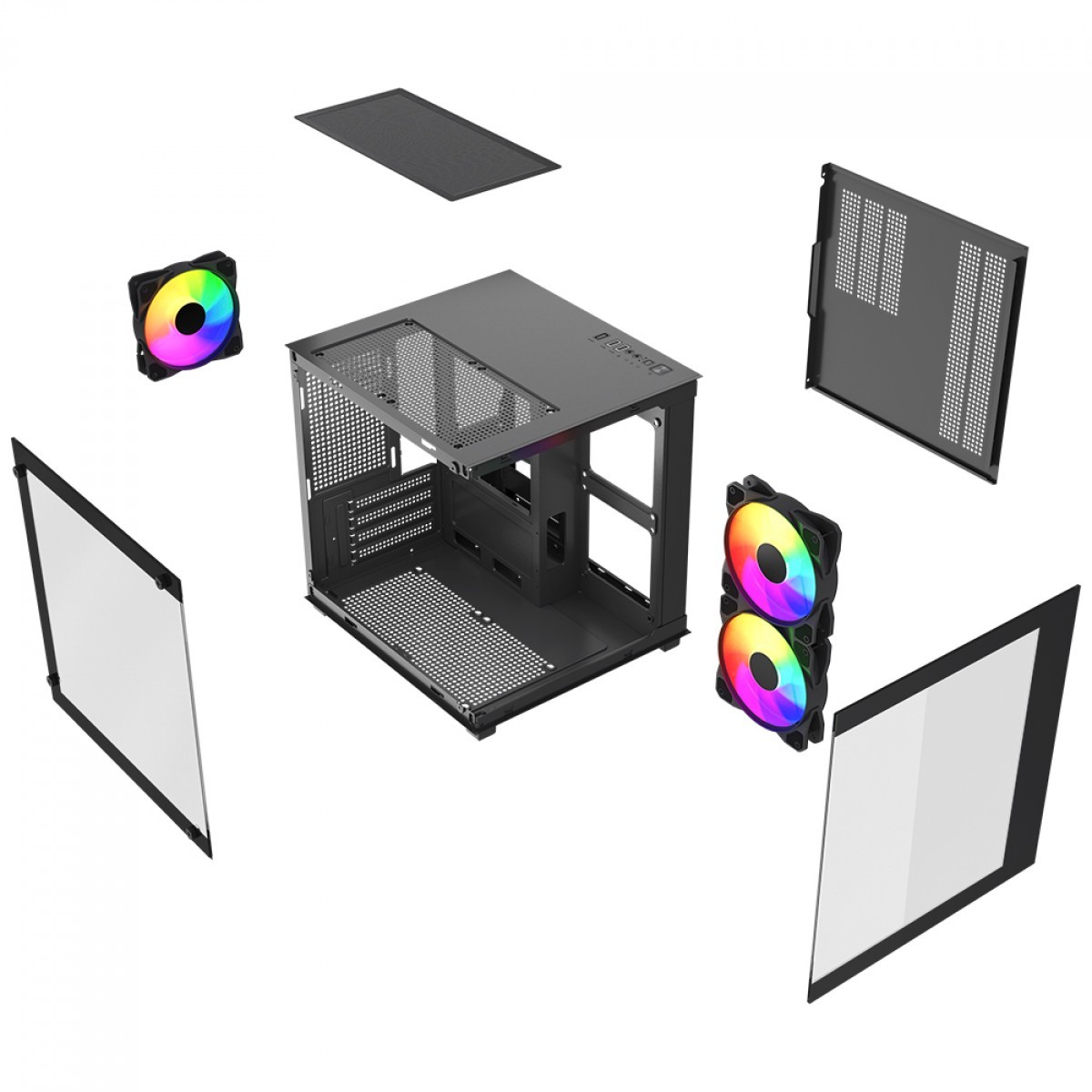 Gabinete Gamer Ninja Ryomaru, Mini Tower, Vidro Temperado, mATX, Sem Fonte, Com 3 Fans Rainbow, Preto, GN-CS-RMMAB3F