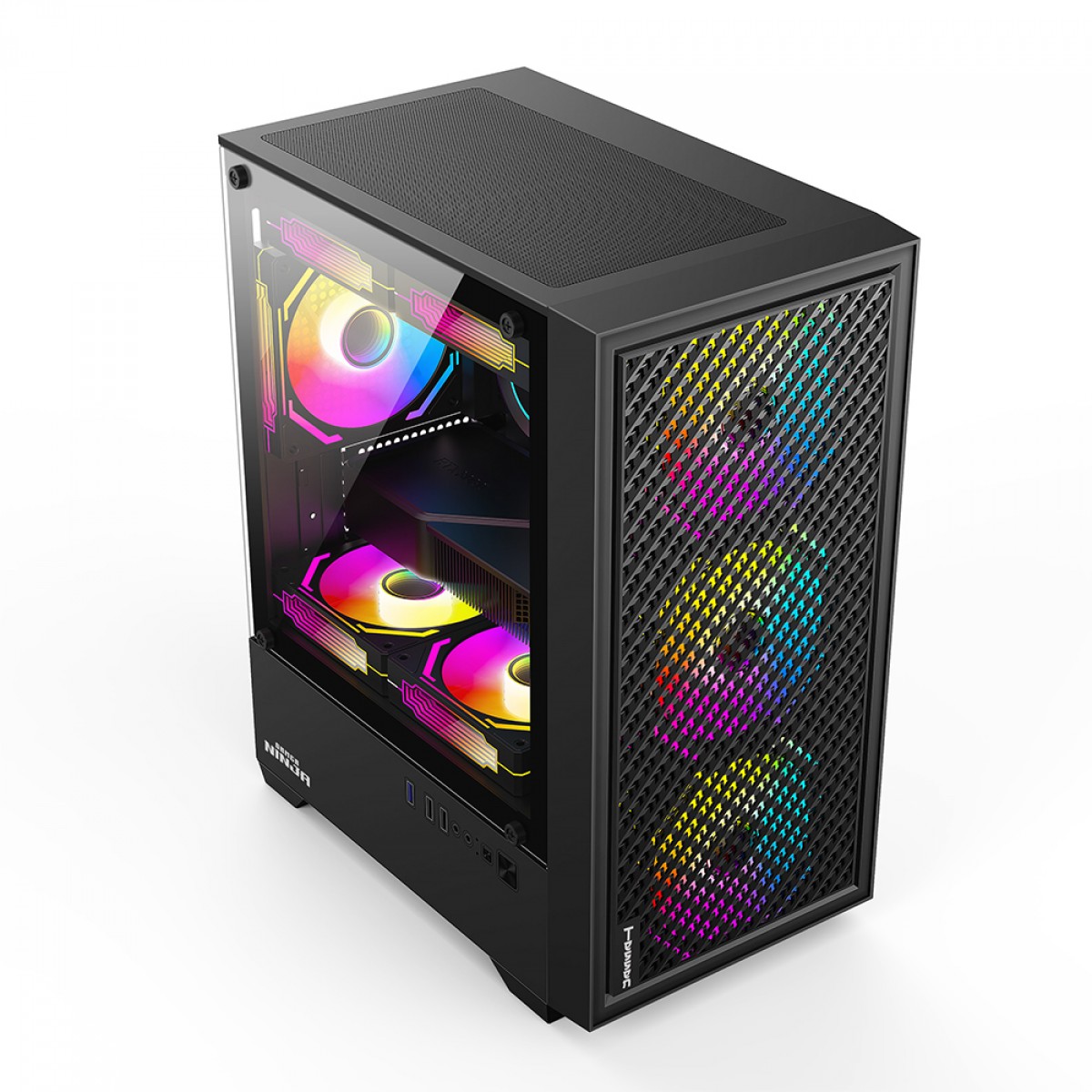 Gabinete Gamer Ninja Tessen, Mid Tower, Vidro Temperado, M-ATX, Com 3 Fans Rainbow, Sem Fonte, Preto, GN-CS-MTBSF