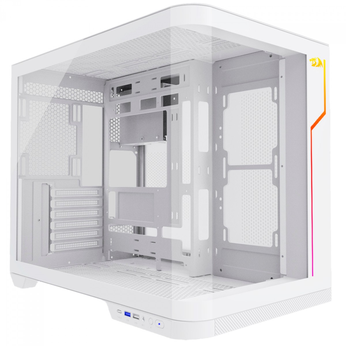 Gabinete Gamer Redragon Wideload Extreme Lunar White, Mid Tower, RGB, Vidro Curvado Temperado, ATX, Branco, Sem Fonte, Sem Fan, CA-605W	