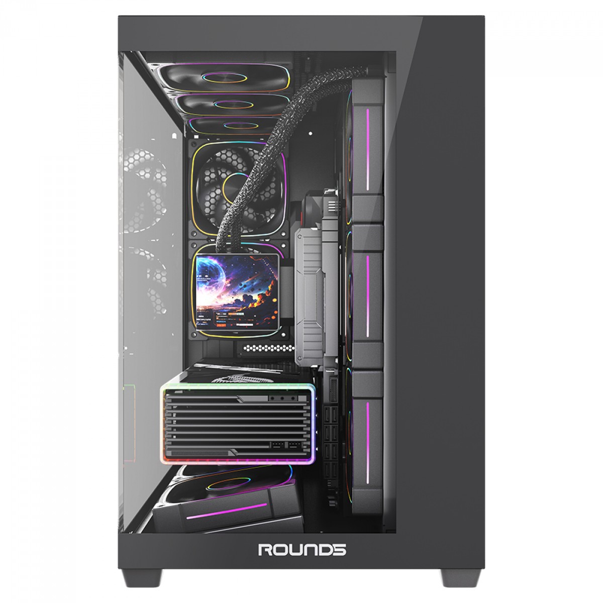 Gabinete Gamer Round5 Asuka Black, Mid Tower, Lateral e Frontal de Vidro, ATX, Sem Fans, Preto, R5-ASUKA-B-2251