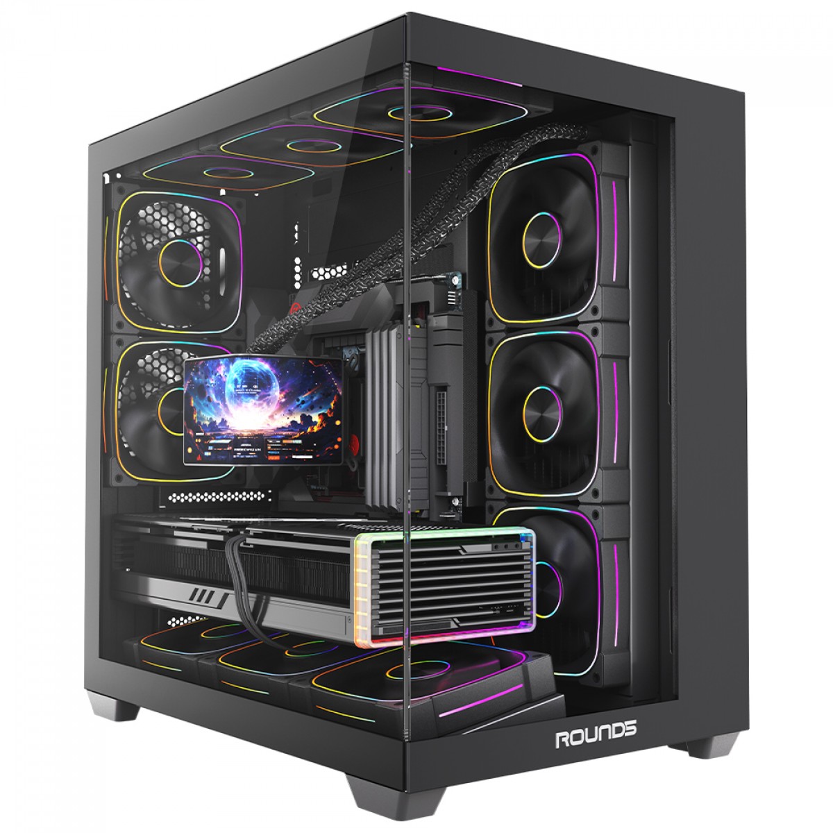 Gabinete Gamer Round5 Asuka Black, Mid Tower, Lateral e Frontal de Vidro, ATX, Sem Fans, Preto, R5-ASUKA-B-2251