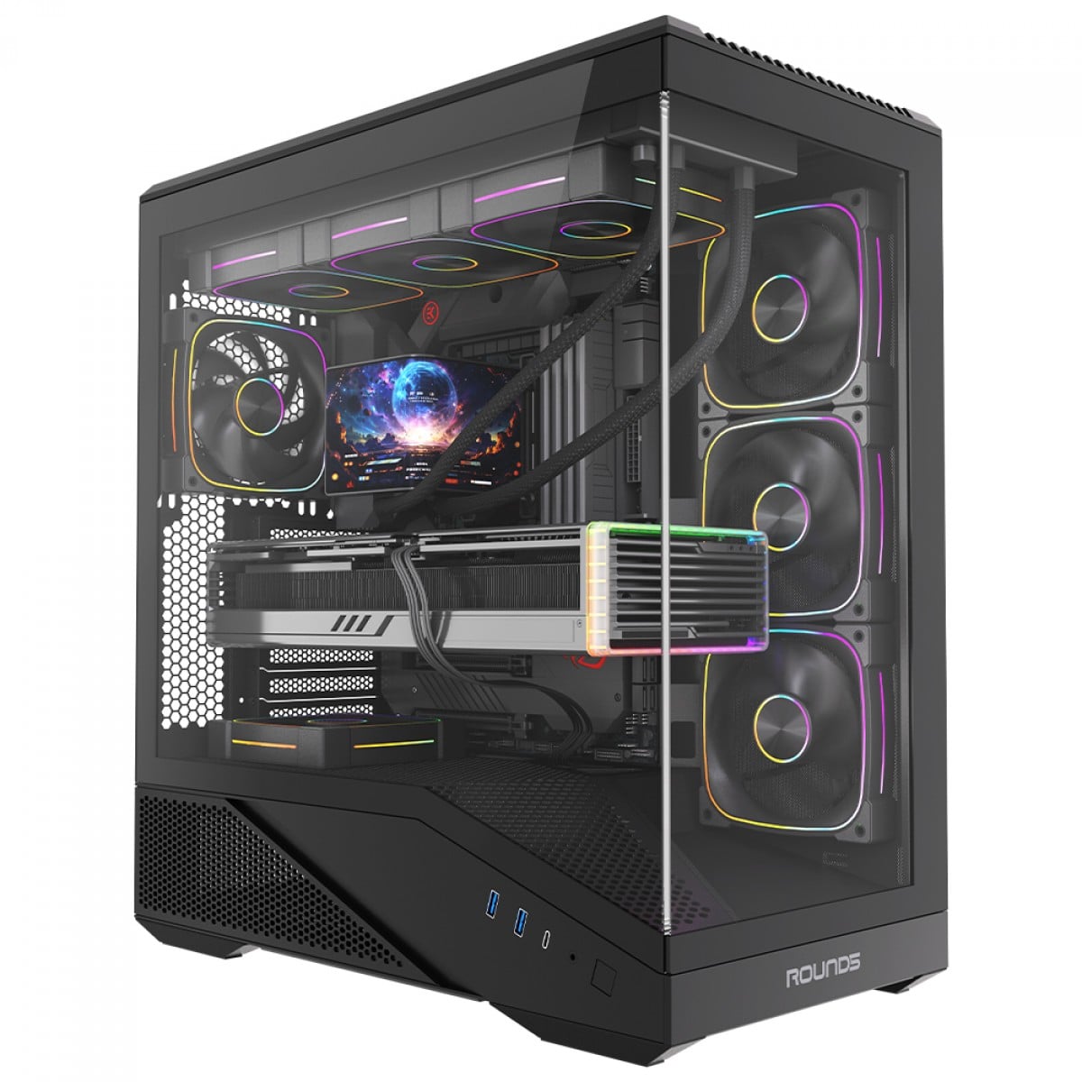 Gabinete Gamer Round5 IceBox Black, Mid Tower, Lateral e Frontal de Vidro, ATX, Com 4 Fans, Preto, R5-ICEBOX-B-2252