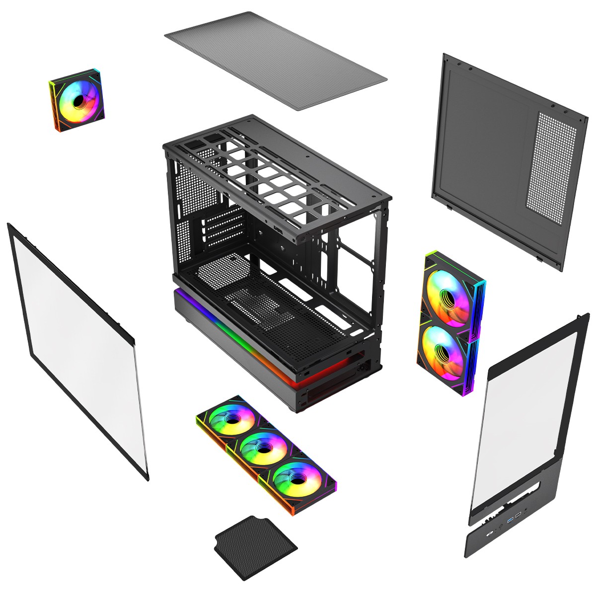 Gabinete Gamer SuperFrame Flow 500, RGB, Mid Tower, Vidro Temperado, M-ATX, Com 6 Fans Com Controladora, Preto, SF-CS-FLW50MSBY6F