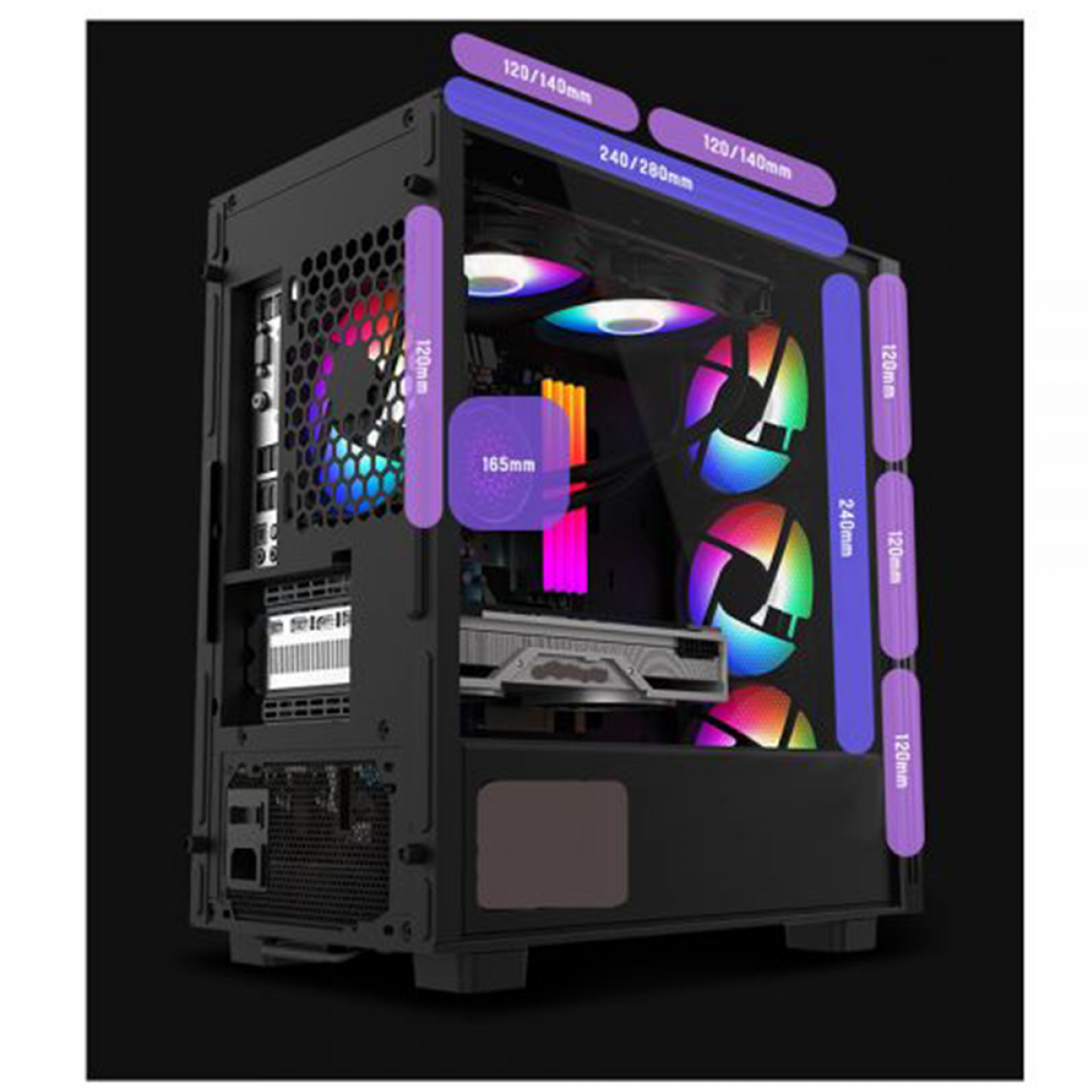 Gabinete Gamer SuperFrame Little John, ARGB, Mid Tower, Vidro Temperado, mATX, Black, Sem Fonte, Com 3 Fans