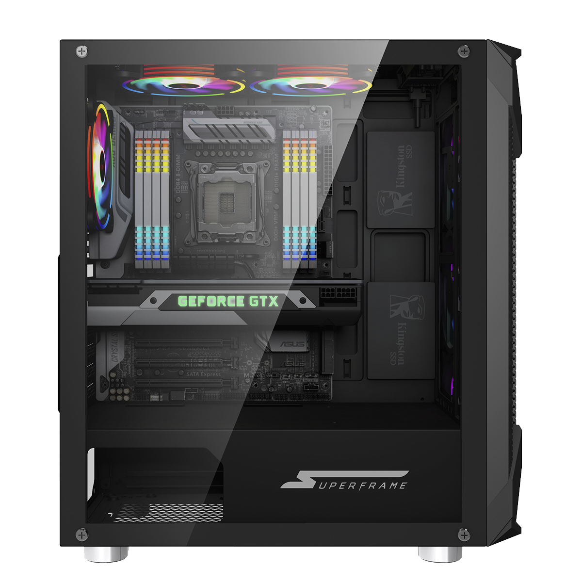 Gabinete Gamer SuperFrame Xtrike, RGB, Mid Tower, Acrílico, E-ATX, Black, Sem Fonte, Com 3 Fans