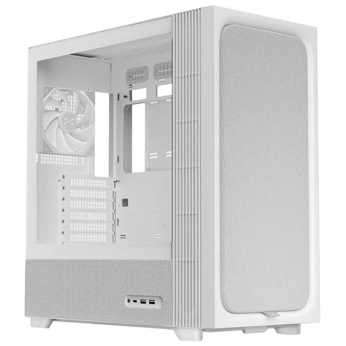 Gabinete Gamer TRYX Flova F50, Mid Tower, Vidro Temperado, Tecido, ATX, Com Fan Cross-Flow, Sem Fonte, Branco, C-F500F-FM1E-G