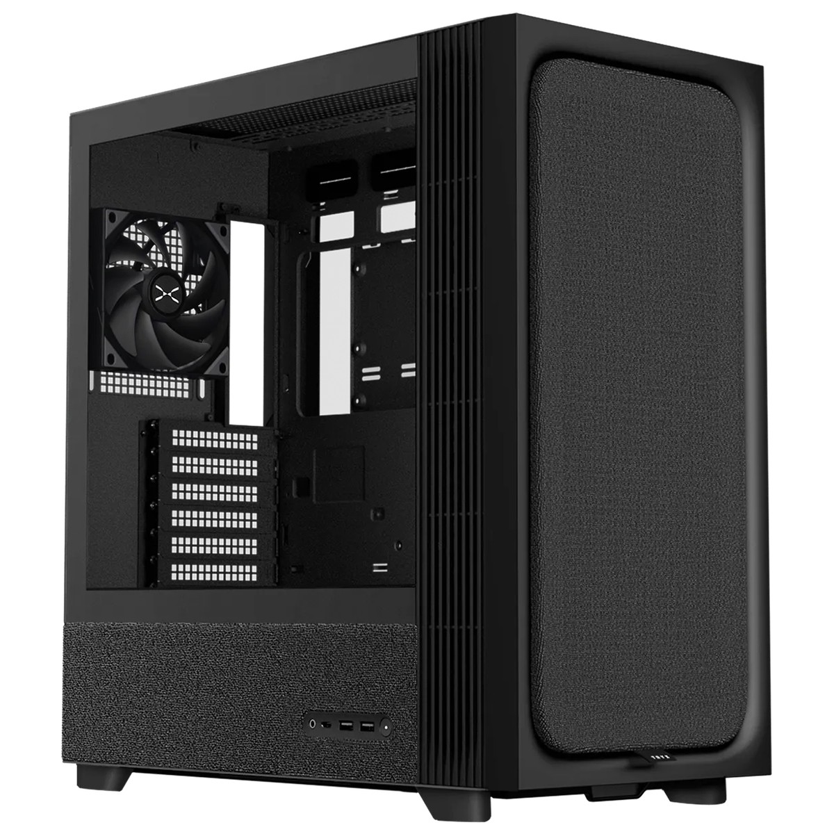 Gabinete Gamer TRYX Flova F50, Mid Tower, Vidro Temperado, Tecido, ATX, Com Fan Cross-Flow, Sem Fonte, Preto, C-F500F-FM1E-G0K