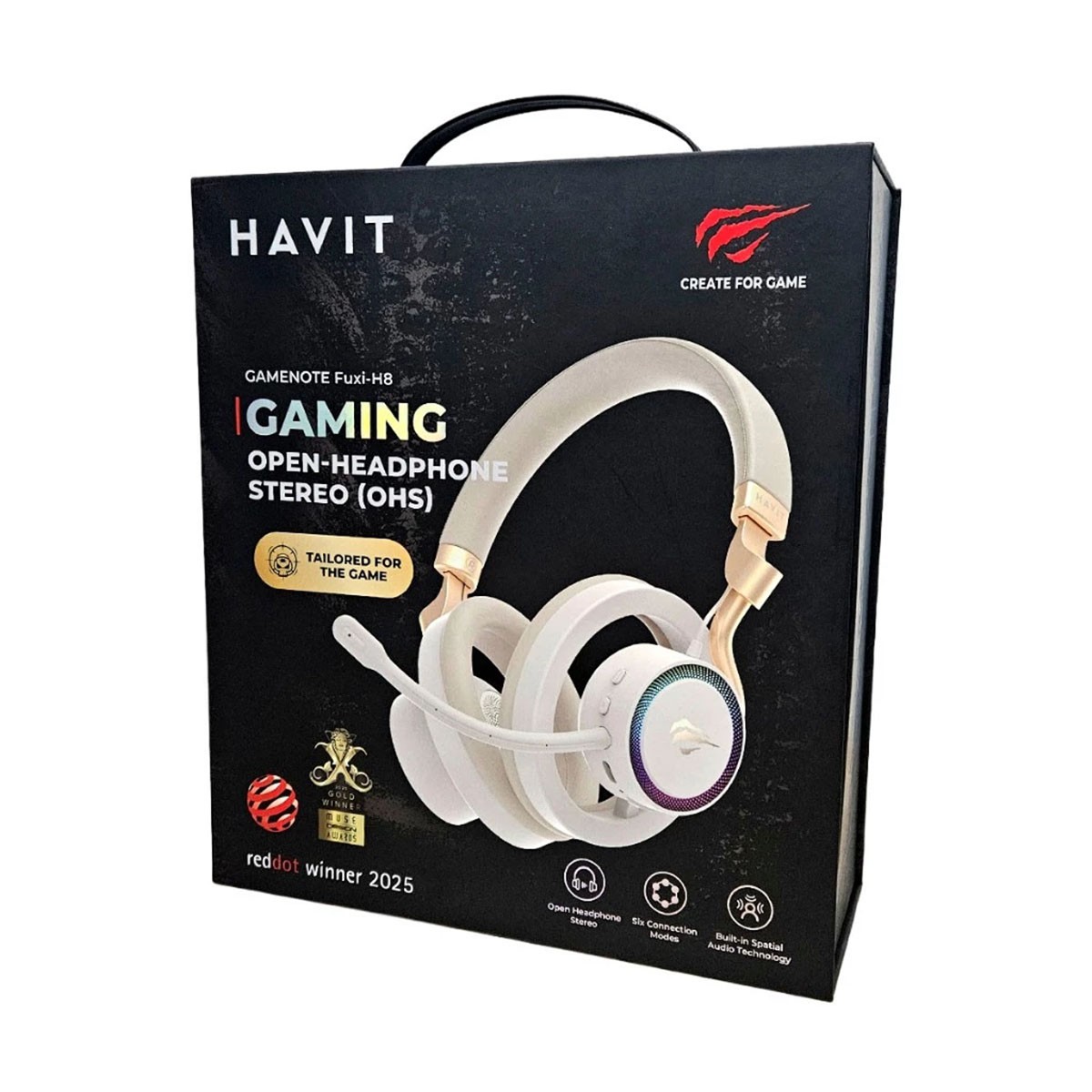 Headset Gamer Havit Fuxi-H8 Tri-Mode, Wireless, Bluetooth, RGB, Drivers de 32mm, Dourado