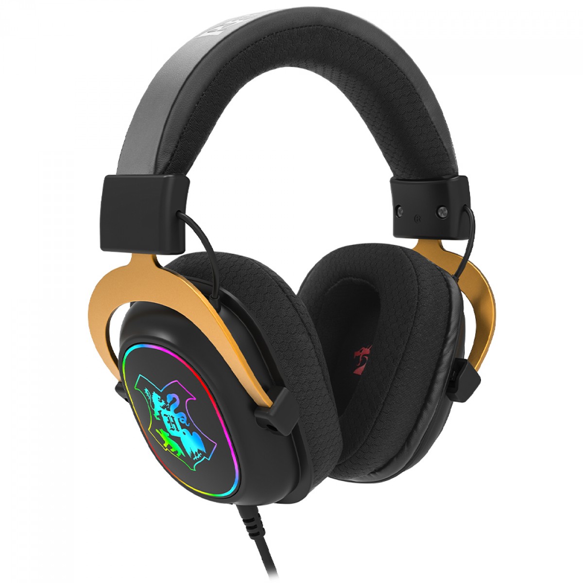 Headset Gamer Redragon Harry Potter Zeus Hogwarts, RGB, USB, Surround 7.1 Virtual, Com Kit Customização, Preto e Dourado, HP-510 RGB