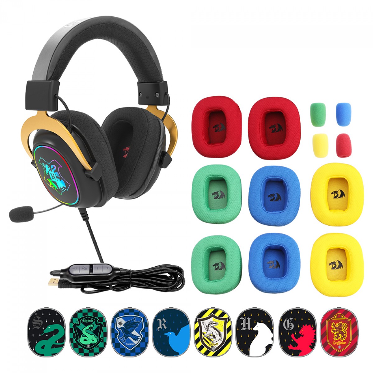 Headset Gamer Redragon Harry Potter Zeus Hogwarts, RGB, USB, Surround 7.1 Virtual, Com Kit Customização, Preto e Dourado, HP-510 RGB