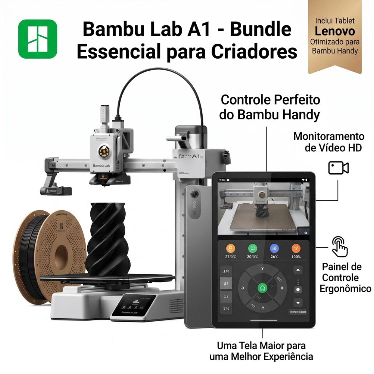 Impressora 3D Bambu Lab A1 Mini + Filamento Bambu Lab PLA Lite, 1kg + Tablet Lenovo Tab 10.1 64GB, 4GB de RAM