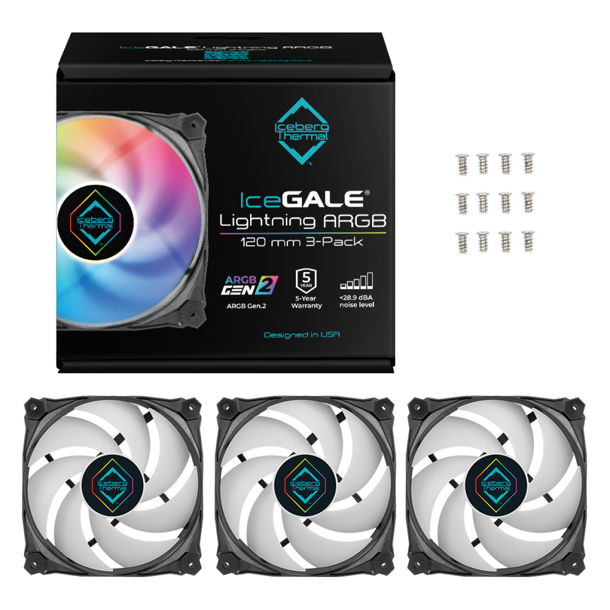 Kit Com 3 Fans Iceberg Thermal IceGALE Lightning, 120mm, ARGB, Preto, IG12LT-B3A