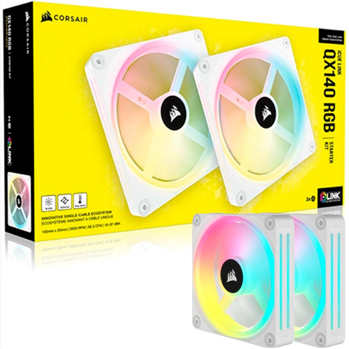 Kit Fan Com 2 Unidades, Corsair, iCue, QX140, RGB, Magnetic, 140mm, White, CO-9051008-WW
