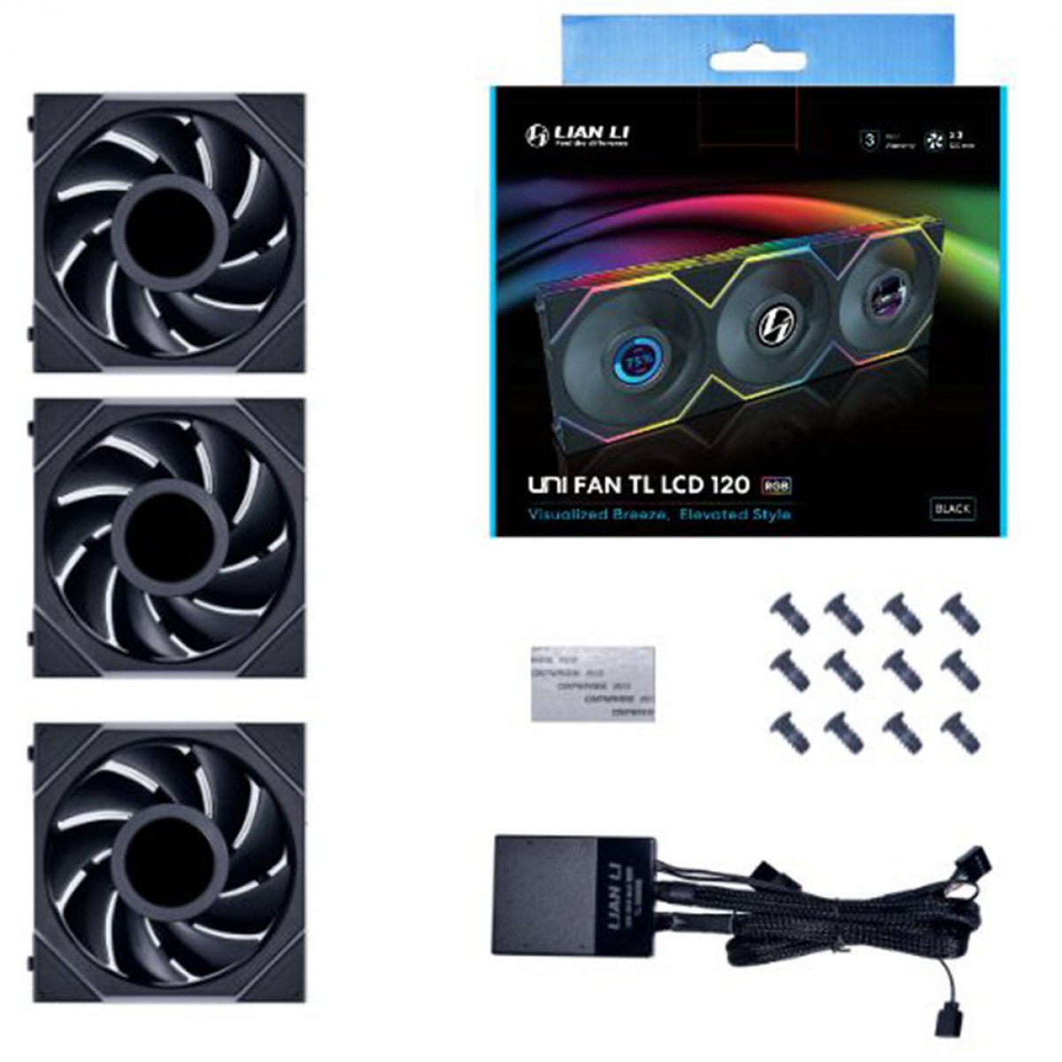 Kit Fan Com 3 Unidades Lian Li Uni Fan TL LCD, RGB, 120mm, Com Tela, Preto, 12TLLCD3B BLACK