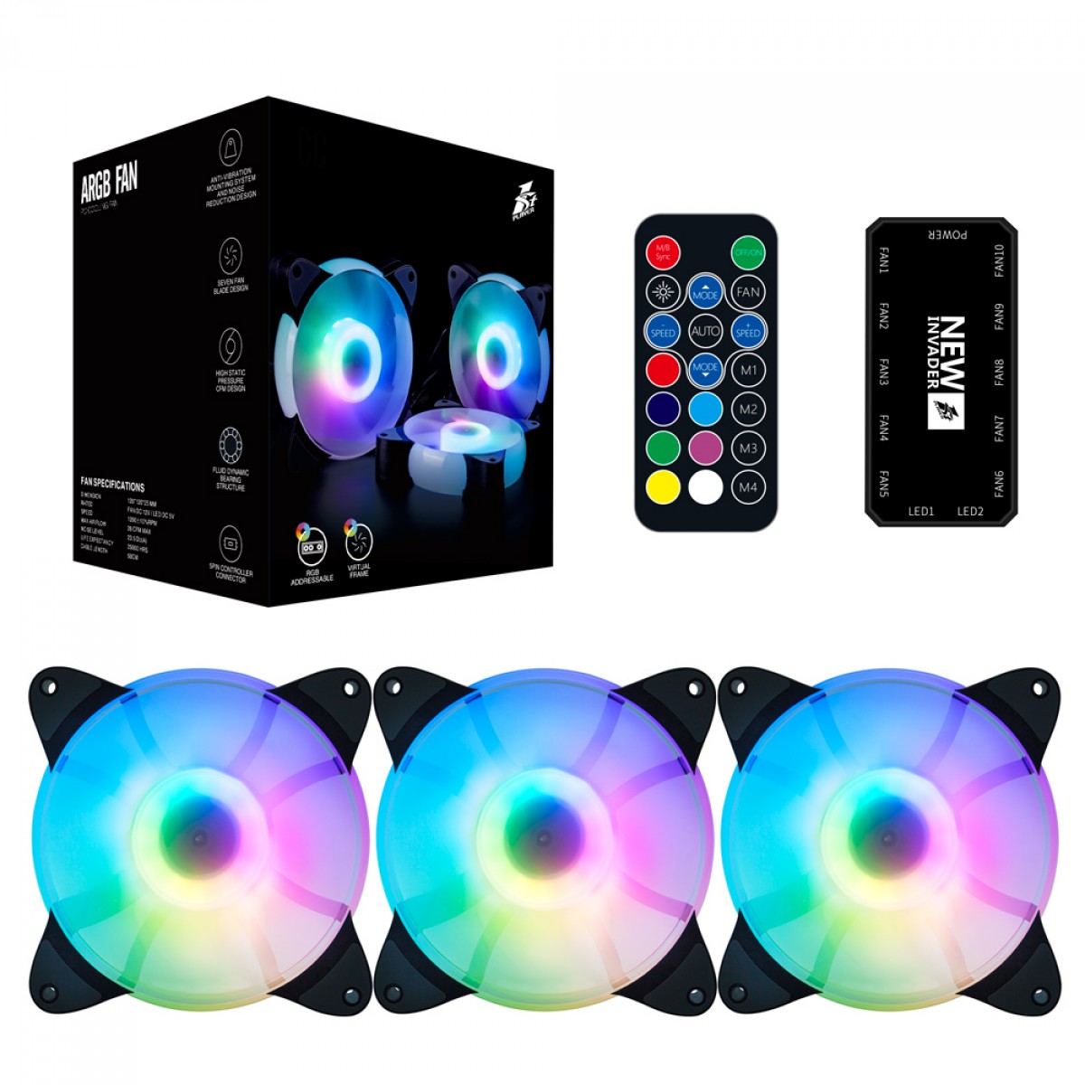 Kit Fan com 3 Unidades 1STPLAYER CC, 120mm, ARGB, Black, CC-COMBO