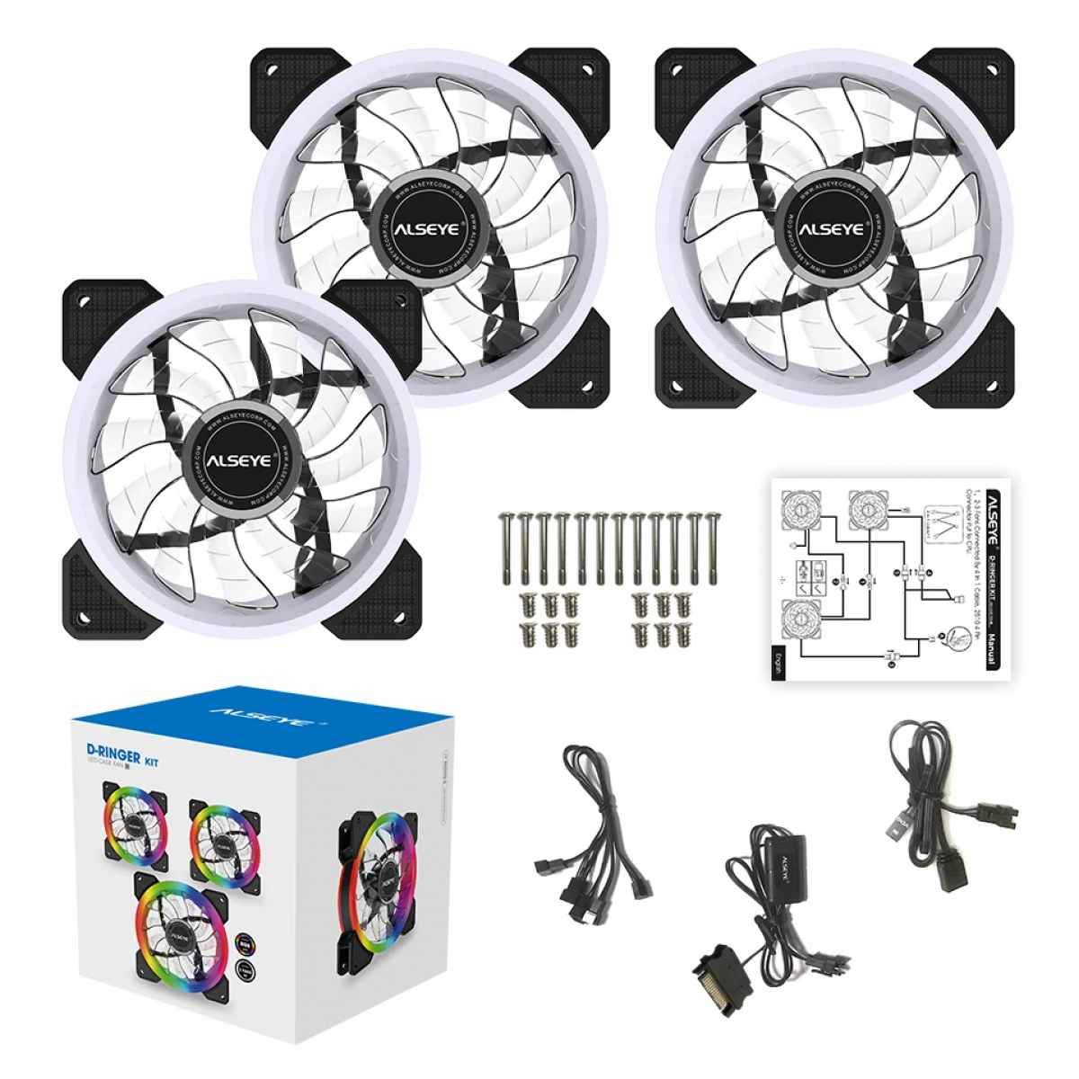 Kit Fan com 3 Unidades Alseye D-Ringer, RGB, 120mm