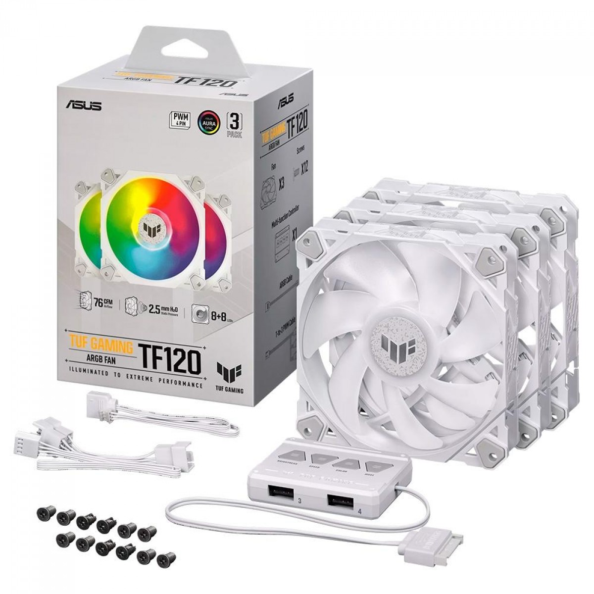 Kit Fan Com 3 Unidades Asus TUF Gaming TF120, ARGB, 120mm, Branco, 90DA0033-B00030