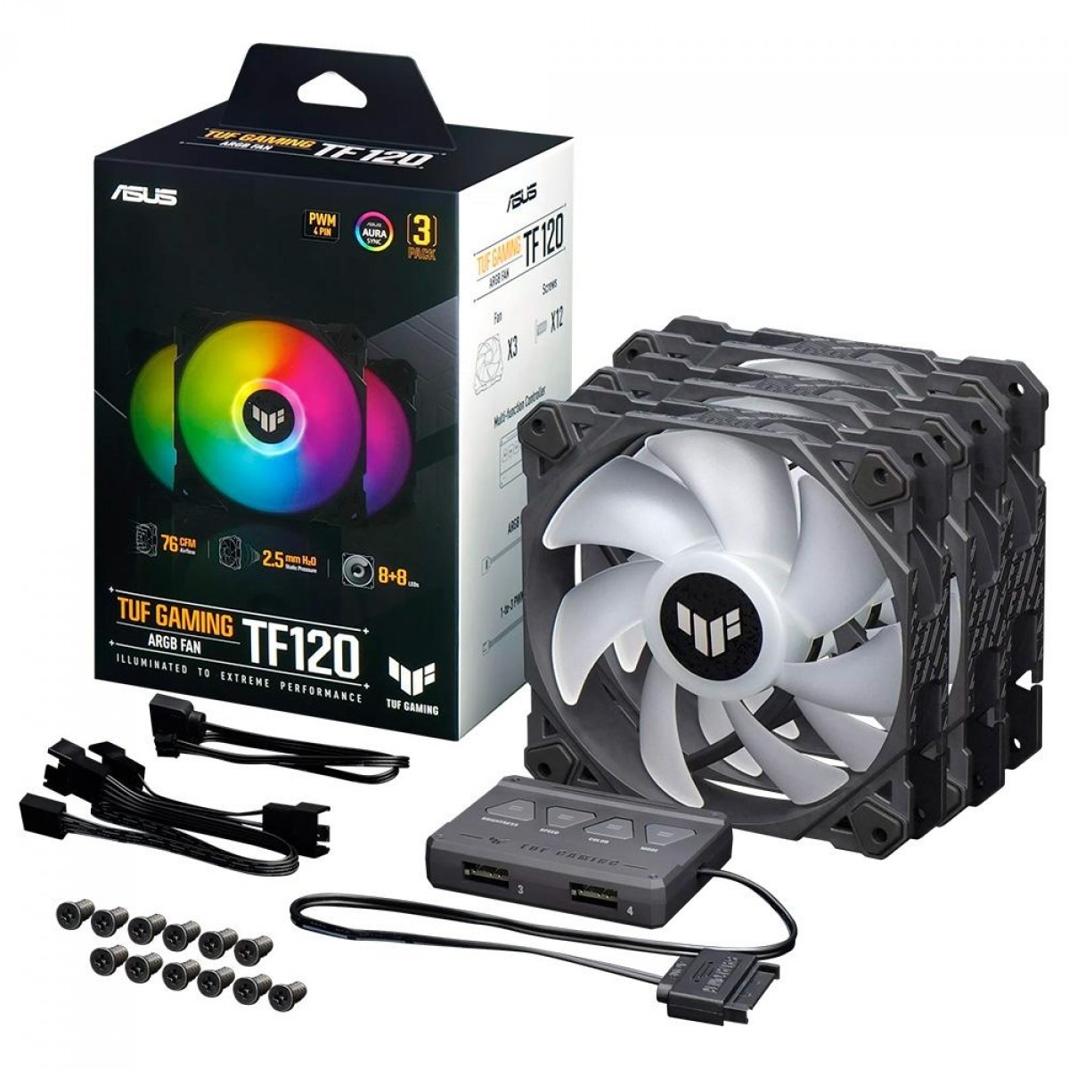 Kit Fan Com 3 Unidades Asus TUF Gaming TF120, ARGB, 120mm, Preto, 90DA0030-B08030