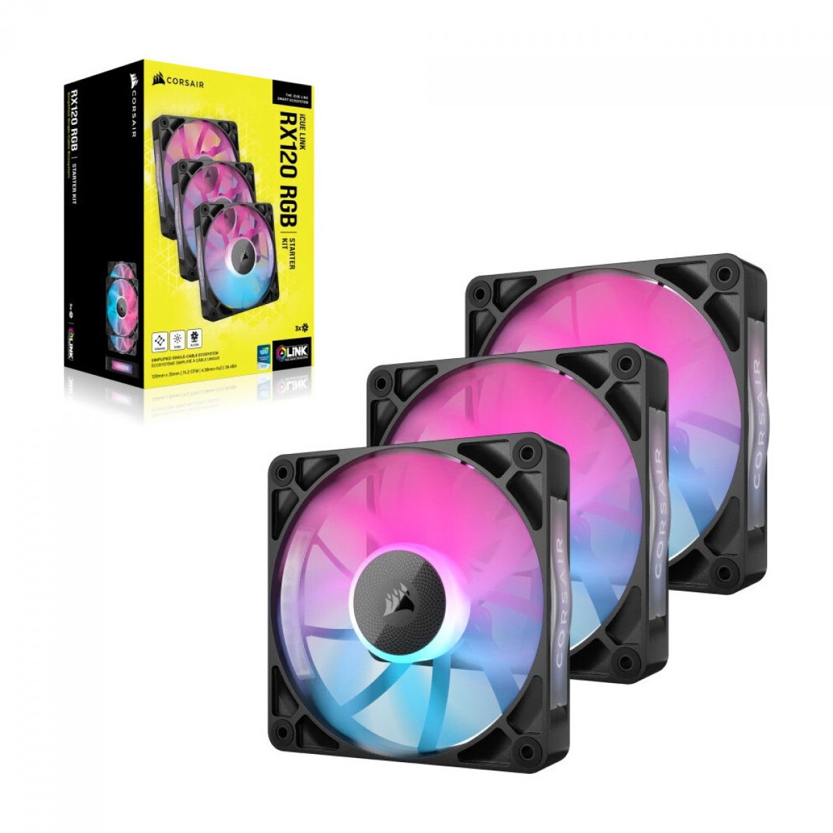 Kit Fan Com 3 Unidades Corsair iCUE LINK RX120, RGB, 120mm, Preto, CO-9051018-WW