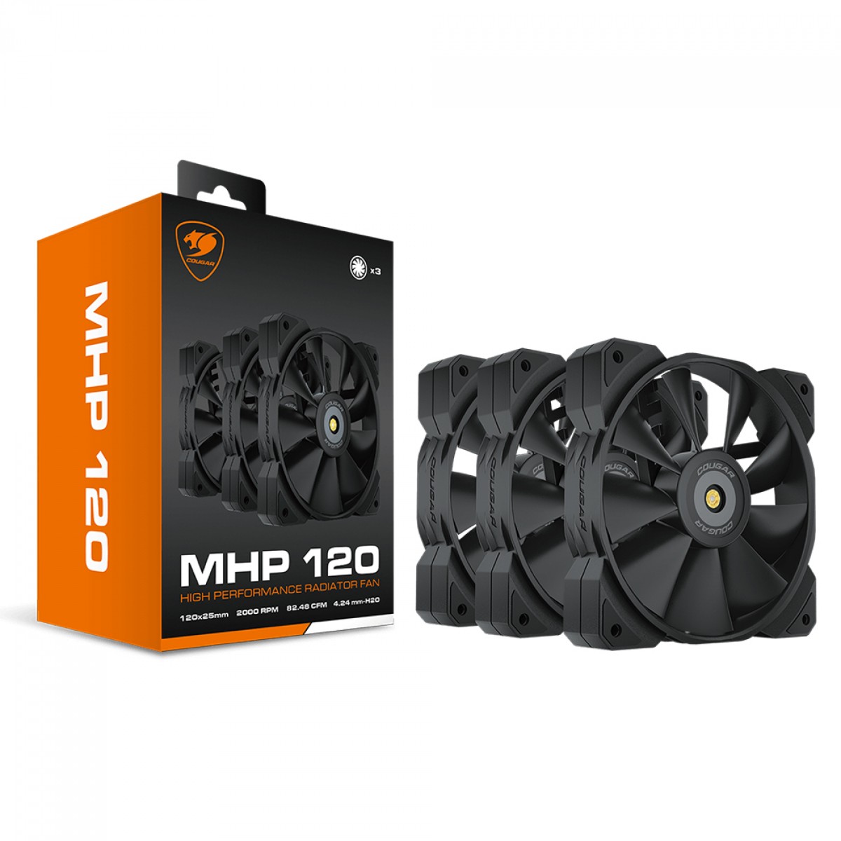 Kit Fan com 3 Unidades Cougar MHP 120, 120mm, 2000 RPM, Black, 3MMHP1203.0001