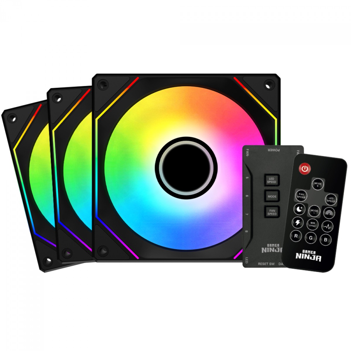 Kit Fan Com 3 Unidades Gamer Ninja Shimano, ARGB, 120mm, Com Controladora, Preto, GN-FN-SMK12AB