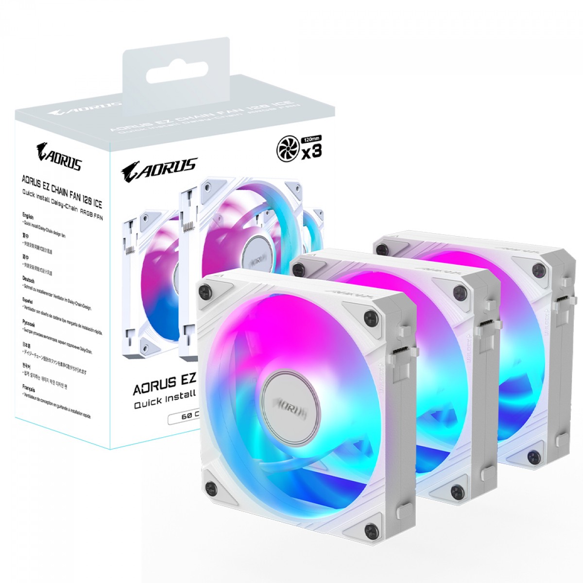Kit Fan Com 3 Unidades Gigabyte Aorus EZ Chain Fan 120 Ice, ARGB, 120mm, Branco, GP-ECFAN1203 ICE
