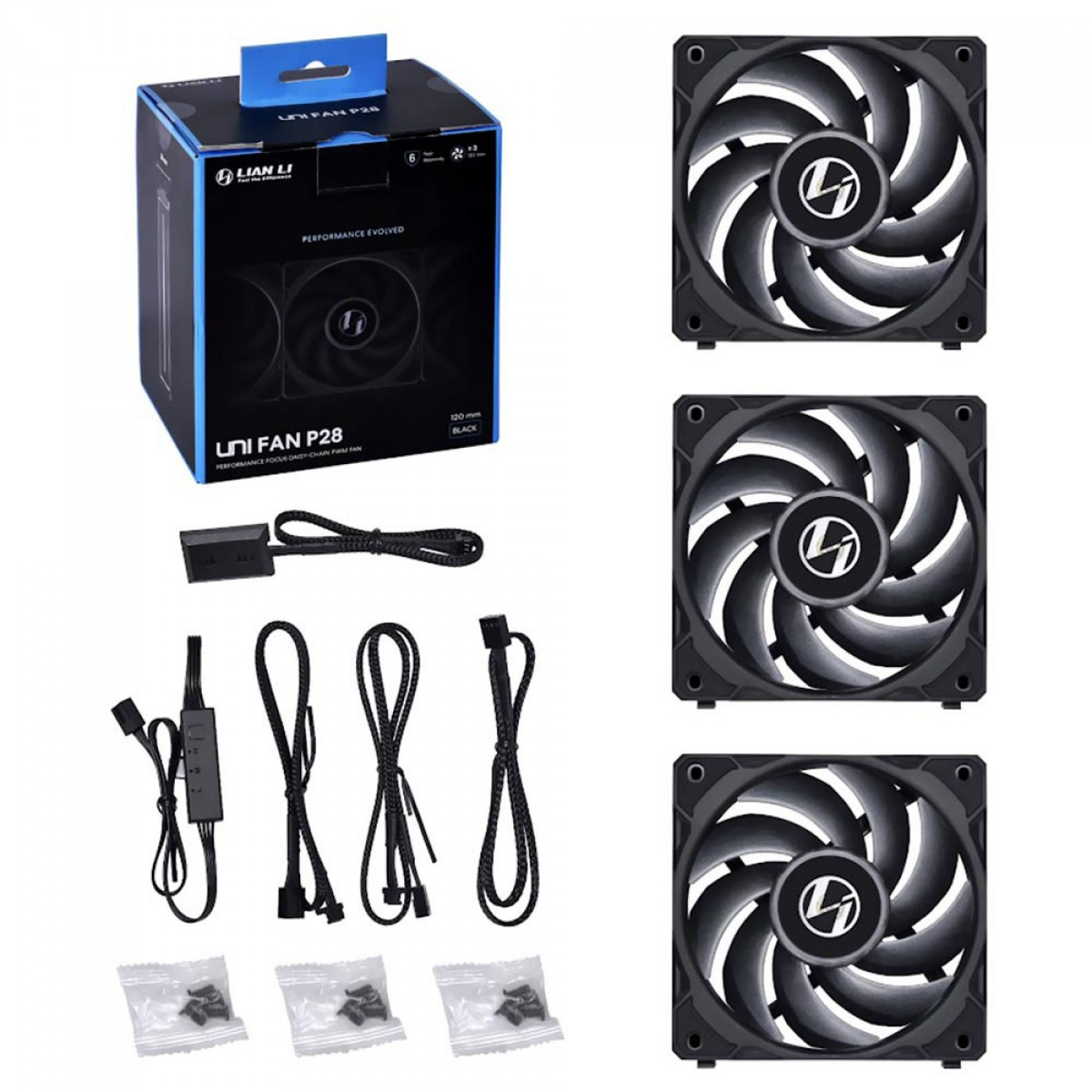Kit Fan Com 3 Unidades Lian Li Uni Fan P28, 120mm, Black, UF-P28120-3B