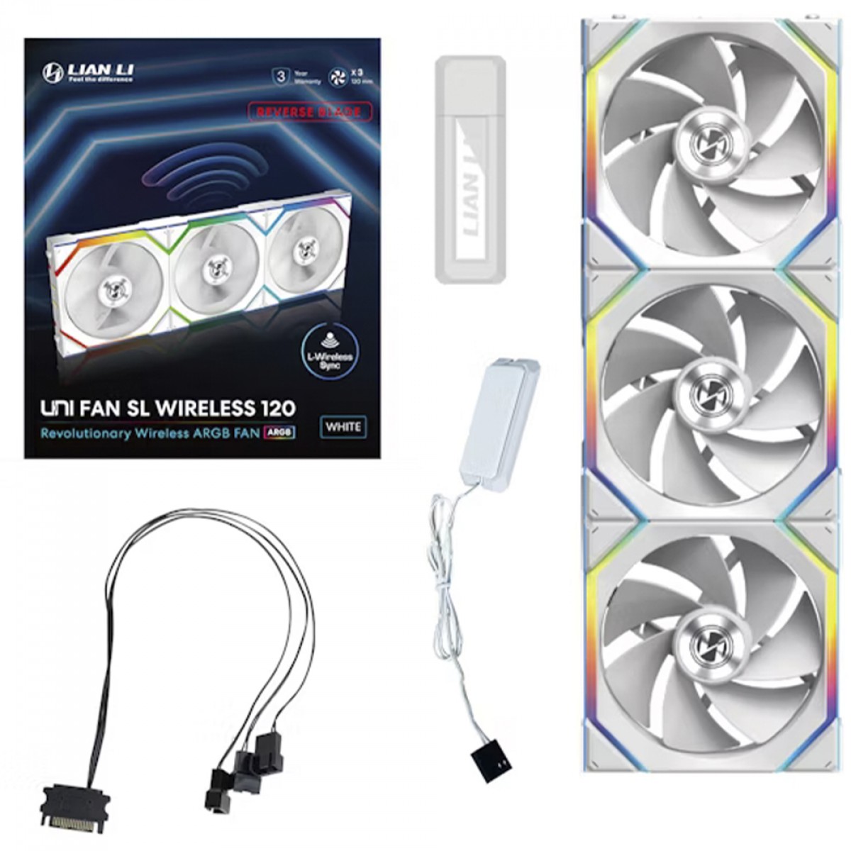Kit Fan Com 3 Unidades Lian Li Uni Fan SL Wireless, Reverse Blade, ARGB, 120mm, White, 12RSL1W3W