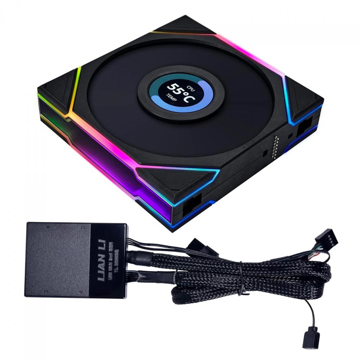Kit Fan Com 3 Unidades Lian Li  Uni Fan TL LCD, RGB, 120mm, Reverse, 12RTLLCD3B Black