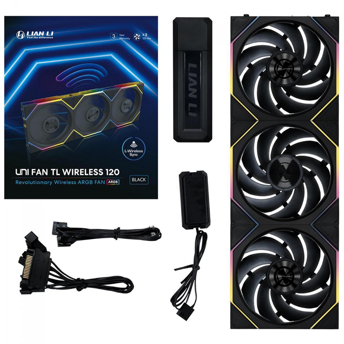 Kit Fan Com 3 Unidades Lian Li Uni Fan TL Wireless, ARGB, 120mm, Black, 12TL1W3B
