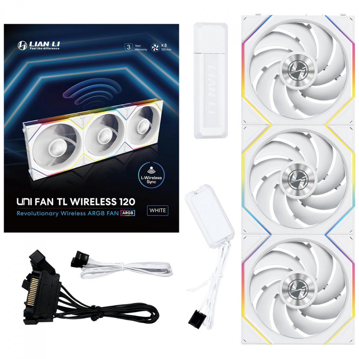 Kit Fan Com 3 Unidades Lian Li Uni Fan TL Wireless, ARGB, 120mm, White, 12TL1W3W