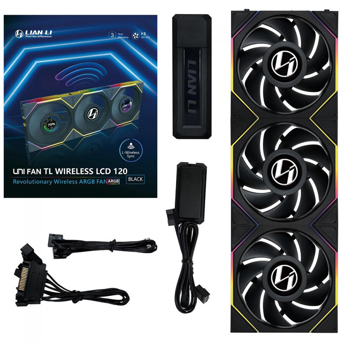 Kit Fan Com 3 Unidades Lian Li Uni Fan TL Wireless LCD, ARGB, 120mm, Com Tela, Black, 12TLLCD1W3B