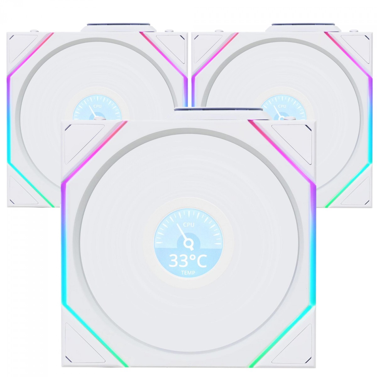 Kit Fan Com 3 Unidades Lian Li Uni Fan TL Wireless LCD, ARGB, 120mm, Com Tela, White, 12TLLCD1W3W