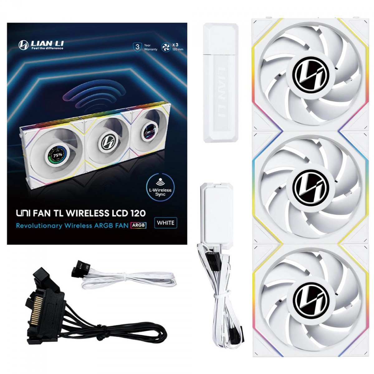 Kit Fan Com 3 Unidades Lian Li Uni Fan TL Wireless LCD, ARGB, 120mm, Com Tela, White, 12TLLCD1W3W